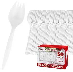 White Plastic Forks (50 Count) - BPA-Free 2-in-1 Heavy Duty Fork Spoon for School Lunch, Picnic, Catering, Restaurant, Birthday Parties White Plastic Forks (50 Count) - BPA-Free 2-in-1 Heavy Duty Fork Spoon for School Lunch, Picnic, Catering, Restaurant, Birthday Parties