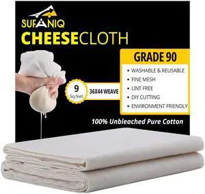 Sufaniq Cheese Cloths, Grade 90, 9 Sq Feet, 100% Pure Cotton, Unbleached Ultra Fine, Reusable, for Straining, Butter Muslin Cloth - 1 Sq Yard Sufaniq Cheese Cloths, Grade 90, 9 Sq Feet, 100% Pure Cotton, Unbleached Ultra Fine, Reusable, for Straining, Butter Muslin Cloth - 1 Sq Yard