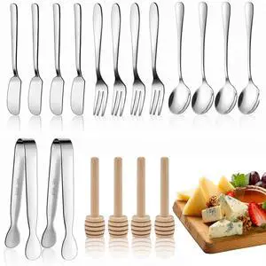 18 Pieces Silver Stainless Steel Charcuterie Board Accessories Set - Spreader Knives, Mini Serving Tongs, Spoons, Forks and Honey Dippers 18 Pieces Silver Stainless Steel Charcuterie Board Accessories Set - Spreader Knives, Mini Serving Tongs, Spoons, Forks and Honey Dippers