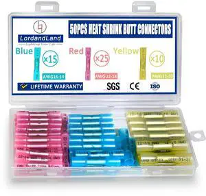 50 Pcs Heat Shrink Butt Connectors Kit, Waterproof Insulated Marine Automotive Crimp Terminals Butt Splice for Marine, Automotive, Motorcycle, Truck Electrical 50 Pcs Heat Shrink Butt Connectors Kit, Waterproof Insulated Marine Automotive Crimp Terminals Butt Splice for Marine, Automotive, Motorcycle, Truck Electrical