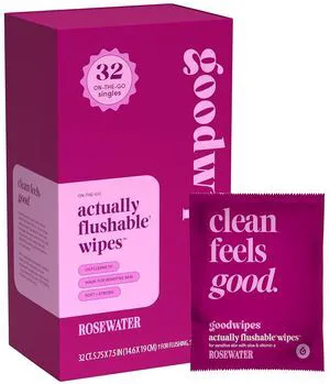 Goodwipes Flushable Wipes for Women Rosewater Individually Wrapped Travel Wipes, pH Balanced Feminine Hygiene, 32 Count (1 Pack) Goodwipes Flushable Wipes for Women Rosewater Individually Wrapped Travel Wipes, pH Balanced Feminine Hygiene, 32 Count (1 Pack)