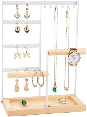 Lengnoy 4 Tier Earring Holder with 48 Holes and 6 Hooks - Wood Jewelry Organizer Stand for Necklace, Bracelet, Earring, Ring, White Lengnoy 4 Tier Earring Holder with 48 Holes and 6 Hooks - Wood Jewelry Organizer Stand for Necklace, Bracelet, Earring, Ring, White