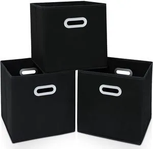 Fabric Cube Storage Bins with Dual Handles, Foldable, Set of 3, Black Fabric Cube Storage Bins with Dual Handles, Foldable, Set of 3, Black