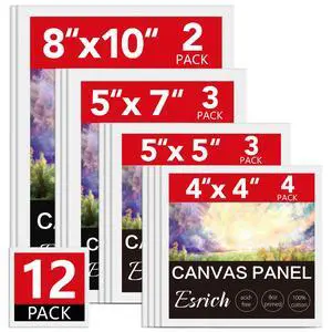 ESRICH Canvas Boards 12-Pack, 4x4, 5x5, 5x7, 8x10, Blank Cotton Primed Canvas Panels for Acrylic, Oil, Gouache & Tempera ESRICH Canvas Boards 12-Pack, 4x4, 5x5, 5x7, 8x10, Blank Cotton Primed Canvas Panels for Acrylic, Oil, Gouache & Tempera