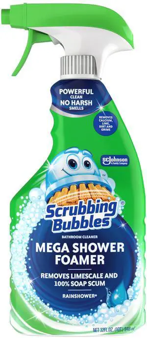 Scrubbing Bubbles Mega Shower Foamer Disinfecting Spray, 32oz, Rainshower Scent, Multi-Surface Bathroom & Tile Cleaner, Removes 100% Soap Scum Scrubbing Bubbles Mega Shower Foamer Disinfecting Spray, 32oz, Rainshower Scent, Multi-Surface Bathroom & Tile Cleaner, Removes 100% Soap Scum
