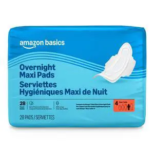 Amazon Basics Size 4 Overnight Absorbency Pads with Wings, 28Count, Super Absorbent, Leakproof, Unscented, Packaging May Vary Amazon Basics Size 4 Overnight Absorbency Pads with Wings, 28Count, Super Absorbent, Leakproof, Unscented, Packaging May Vary