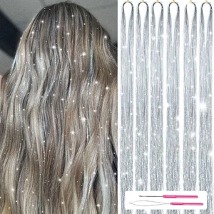 Hair Tinsel Kit with Tools 48 Inch 1200 Strands Glitter Metallic Hair Extensions Heat Resistant 6 Pieces (Silver) Hair Tinsel Kit with Tools 48 Inch 1200 Strands Glitter Metallic Hair Extensions Heat Resistant 6 Pieces (Silver)