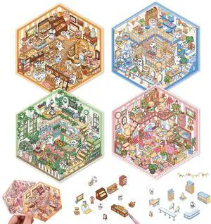 DIY 3D House Scene Stickers 4 Sets - Warm Home, Supermarket, Bakery, Flower Shop, Cute Stacking Mini Cartoon, for Adults Kids Stress Relief, Passing Time DIY 3D House Scene Stickers 4 Sets - Warm Home, Supermarket, Bakery, Flower Shop, Cute Stacking Mini Cartoon, for Adults Kids Stress Relief, Passing Time