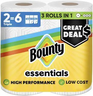 Bounty Essentials Select-A-Size Paper Towels, White, 2 Triple Rolls = 6 Regular Rolls (Packaging May Vary) Bounty Essentials Select-A-Size Paper Towels, White, 2 Triple Rolls = 6 Regular Rolls (Packaging May Vary)