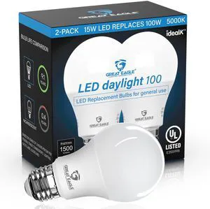 Great Eagle Lighting A19 E26 100W Equivalent LED Bulb, 5000K Daylight, 1500 Lumens, Non-Dimmable, Damp Rated, Indoor/Outdoor Covered Porch & Garage, 2 Pack Great Eagle Lighting A19 E26 100W Equivalent LED Bulb, 5000K Daylight, 1500 Lumens, Non-Dimmable, Damp Rated, Indoor/Outdoor Covered Porch & Garage, 2 Pack