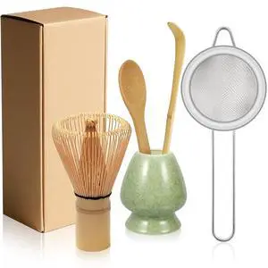Matcha Whisk Set with Ceramic Whisk Holder, Bamboo Scoop, Powder Starter Sifter, Spoon - Japanese Tea Tools Matcha Whisk Set with Ceramic Whisk Holder, Bamboo Scoop, Powder Starter Sifter, Spoon - Japanese Tea Tools