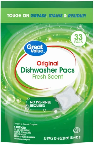 Great Value Original Dishwasher Pacs, Fresh Scent, 33 Count Great Value Original Dishwasher Pacs, Fresh Scent, 33 Count