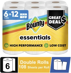 Bounty Essentials Select-A-Size Paper Towels, 6 Double Rolls, 108 Sheets per Roll, White Bounty Essentials Select-A-Size Paper Towels, 6 Double Rolls, 108 Sheets per Roll, White