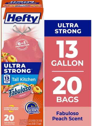 Hefty Ultra Strong 13 Gallon Tall Kitchen Trash Bags, Peach, Fabuloso Peach Scent, 20 Bags Hefty Ultra Strong 13 Gallon Tall Kitchen Trash Bags, Peach, Fabuloso Peach Scent, 20 Bags