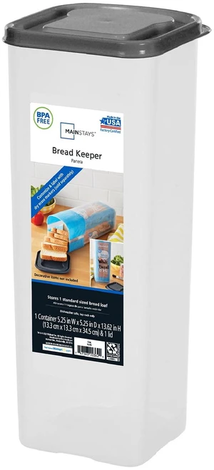 Mainstays Plastic Bread Storage Bin with Lid, Clear/Gray, 5.25"x5.25"x13.62" Mainstays Plastic Bread Storage Bin with Lid, Clear/Gray, 5.25"x5.25"x13.62"