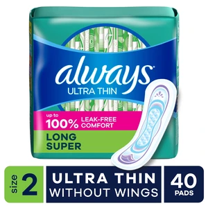 Always Ultra Thin Pads without Wings, Size 2, Long Super Absorbency, 40 Count Always Ultra Thin Pads without Wings, Size 2, Long Super Absorbency, 40 Count