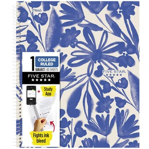 Five Star Spiral Notebook With Study App, 1 Subject, College Ruled, 8.5" x 11", 80 Sheets, Ink Bleed Resistant, Water Resistant Cover, Soft Petals Blue (820441F-ECM) Five Star Spiral Notebook With Study App, 1 Subject, College Ruled, 8.5" x 11", 80 Sheets, Ink Bleed Resistant, Water Resistant Cover, Soft Petals Blue (820441F-ECM)