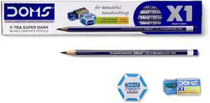 Doms X1 X-Tra Super Dark Pencils 1 Pack - 10 Pencils - 1 Eraser + 1 Sharpner + 1 Protection Cap Free Doms X1 X-Tra Super Dark Pencils 1 Pack - 10 Pencils - 1 Eraser + 1 Sharpner + 1 Protection Cap Free