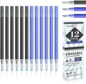 Vanstek 12 Pack 6 Blue 6 Black Erasable Gel Pen Refills, Gel Ink Refills Compatible with Erasable Pens, Fine Point 0.7 mm, Perfect for Writing Planner & Crossword Puzzles Vanstek 12 Pack 6 Blue 6 Black Erasable Gel Pen Refills, Gel Ink Refills Compatible with Erasable Pens, Fine Point 0.7 mm, Perfect for Writing Planner & Crossword Puzzles