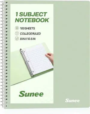 SUNEE Spiral Notebook, 1-Subject, College Ruled Paper, 8" x 10-1/2", 100 Sheets per Notebook, 3-Hole Punched Paper, Water Resistant Cover, Double-sided Pockets, Spiral Lined Notebooks for Work, Green SUNEE Spiral Notebook, 1-Subject, College Ruled Paper, 8" x 10-1/2", 100 Sheets per Notebook, 3-Hole Punched Paper, Water Resistant Cover, Double-sided Pockets, Spiral Lined Notebooks for Work, Green