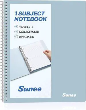 SUNEE Spiral Notebook, 1-Subject, College Ruled Paper, 8" x 10-1/2", 100 Sheets per Notebook, 3-Hole Punched Paper, Water Resistant Cover, Double-sided Pockets, Grey Blue SUNEE Spiral Notebook, 1-Subject, College Ruled Paper, 8" x 10-1/2", 100 Sheets per Notebook, 3-Hole Punched Paper, Water Resistant Cover, Double-sided Pockets, Grey Blue
