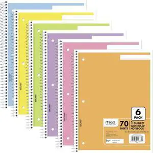 Mead Spiral Notebook, 6 Pack, 1 Subject, Wide Ruled Paper, 7-1/2" x 10-1/2", 70 Sheets per Notebook, Assorted Pastel Colors (930050-ECM) Mead Spiral Notebook, 6 Pack, 1 Subject, Wide Ruled Paper, 7-1/2" x 10-1/2", 70 Sheets per Notebook, Assorted Pastel Colors (930050-ECM)