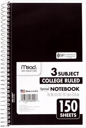 Mead Small Spiral Notebook, 3-Subject, College Ruled Paper, 9-1/2" x 5-1/2", 150 Sheets per Notebook, Color Will Vary, 1 Count (06900) Mead Small Spiral Notebook, 3-Subject, College Ruled Paper, 9-1/2" x 5-1/2", 150 Sheets per Notebook, Color Will Vary, 1 Count (06900)