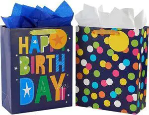 SUNCOLOR 2 Pack 13 Inch Large Gift Bags with Tissue Paper for Him Happy Birthday, Eco-Friendly Paper Bags with Ribbon Handles and Tags SUNCOLOR 2 Pack 13 Inch Large Gift Bags with Tissue Paper for Him Happy Birthday, Eco-Friendly Paper Bags with Ribbon Handles and Tags