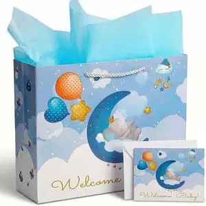Baby Boy Gift Bag with Tissue Paper & Card, 13" Large Blue Elephant Gift Bag for Baby Shower, Newborn Welcome & Baptism Baby Boy Gift Bag with Tissue Paper & Card, 13" Large Blue Elephant Gift Bag for Baby Shower, Newborn Welcome & Baptism
