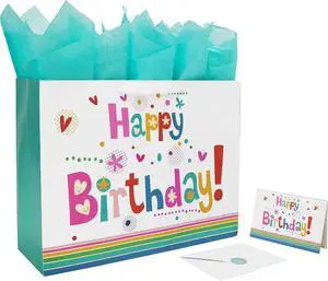 Qirrmiy 16.5 Extra Large Gift Bag Set with Greeting Card and Green Tissue Paper(Cute Happy Birthday) for Baby,Kids Birthday Party,Men and Women, Newborn,New Moms or Parents, and More Qirrmiy 16.5 Extra Large Gift Bag Set with Greeting Card and Green Tissue Paper(Cute Happy Birthday) for Baby,Kids Birthday Party,Men and Women, Newborn,New Moms or Parents, and More