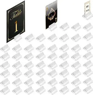 Table Number Place Card Playing Card Holders 60 Pack, Small Clear Acrylic Business Card Holder Stand for Display Paper Game Piece Picture Clip Price Board Photo Memo Menus Label Stand Party, 0.75in Table Number Place Card Playing Card Holders 60 Pack, Small Clear Acrylic Business Card Holder Stand for Display Paper Game Piece Picture Clip Price Board Photo Memo Menus Label Stand Party, 0.75in