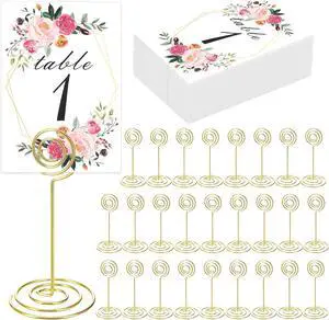 26 PCS Table Number Holder - Card Stand Wire Photo with Floral Cards, Place for Weddings Party Office Paper Memo Menu Note Clips, Gold 26 PCS Table Number Holder - Card Stand Wire Photo with Floral Cards, Place for Weddings Party Office Paper Memo Menu Note Clips, Gold