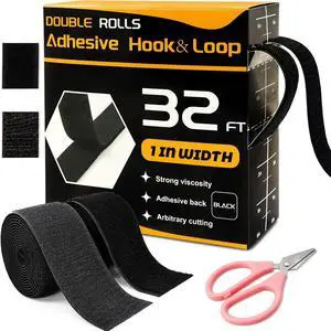 32 Ft × 1 Inch Hook and Loop Strips with Adhesive, Nylon, 2 Rolls Black 32 Ft × 1 Inch Hook and Loop Strips with Adhesive, Nylon, 2 Rolls Black