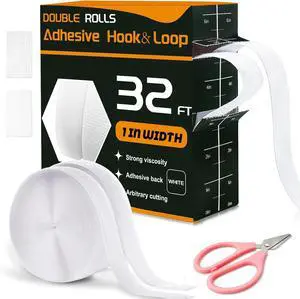 32 Ft × 1 Inch Hook and Loop Strips with Adhesive, Nylon, 2 Rolls White 32 Ft × 1 Inch Hook and Loop Strips with Adhesive, Nylon, 2 Rolls White