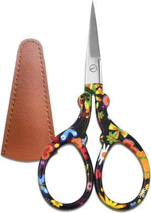 Sharp Embroidery and Crafting Scissors with Leather Cover, 3.62 inch Stainless Steel Scissors for Needlework and DIY Crafts, Black Flower, J5064 Sharp Embroidery and Crafting Scissors with Leather Cover, 3.62 inch Stainless Steel Scissors for Needlework and DIY Crafts, Black Flower, J5064