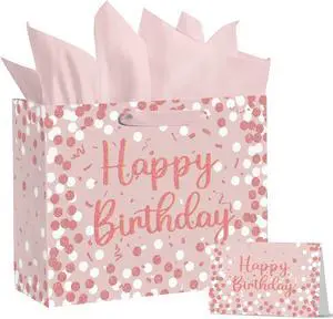 Horaldaily Large Birthday Gift Paper Bags with Tissue Paper and Card (1PcsPink) Horaldaily Large Birthday Gift Paper Bags with Tissue Paper and Card (1PcsPink)