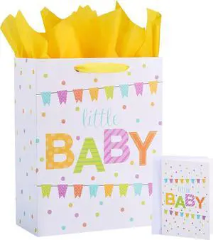 SUNCOLOR Large Gift Bag for Baby Shower with Tissue Paper, White Paper Bag with Colorful Banner Design, 13x10.2x4.7 Inches, Includes Card and Yellow Tissue Paper SUNCOLOR Large Gift Bag for Baby Shower with Tissue Paper, White Paper Bag with Colorful Banner Design, 13x10.2x4.7 Inches, Includes Card and Yellow Tissue Paper
