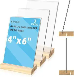 Bercoor 3 Pack 4"x6" Acrylic Sign Holder with Wood Base, L/T Shape Vertical or Slant Back Display, Clear Plastic Flyer Display Stand for Wedding, Restaurant, Store, Hotel, Office Bercoor 3 Pack 4"x6" Acrylic Sign Holder with Wood Base, L/T Shape Vertical or Slant Back Display, Clear Plastic Flyer Display Stand for Wedding, Restaurant, Store, Hotel, Office