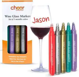 Cheer Collection Metallic Wine Glass Markers, Dry Erase Markers, Washable Wine Glass Marker Pens, Quick Dry Markers for Glasses, Ceramics, & Mirrors, Great for Weddings, Banquets & Parties, Set of 5 Cheer Collection Metallic Wine Glass Markers, Dry Erase Markers, Washable Wine Glass Marker Pens, Quick Dry Markers for Glasses, Ceramics, & Mirrors, Great for Weddings, Banquets & Parties, Set of 5
