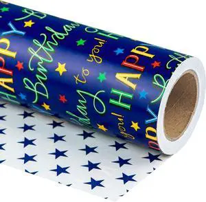 WRAPAHOLIC Reversible Birthday Wrapping Paper - Mini Roll - 17 Inch X 33 Feet - Blue Star Happy Birthday Wrapping Paper for Men, Adult, Boy, Baby Shower, Holiday WRAPAHOLIC Reversible Birthday Wrapping Paper - Mini Roll - 17 Inch X 33 Feet - Blue Star Happy Birthday Wrapping Paper for Men, Adult, Boy, Baby Shower, Holiday