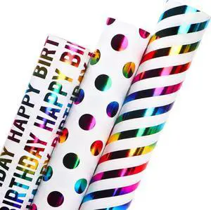Ribbli Birthday Wrapping Paper Iridescent Gift Wrapping Paper Mini Roll, 3 Rolls Happy Birthday Polka Dots Stripes Printed Assortment - 17 inch x 120 inch(10feet) Per Roll Ribbli Birthday Wrapping Paper Iridescent Gift Wrapping Paper Mini Roll, 3 Rolls Happy Birthday Polka Dots Stripes Printed Assortment - 17 inch x 120 inch(10feet) Per Roll