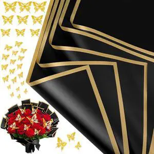 cridoz 20 Sheets Flower Bouquet Wrapping Paper with 12 Pieces Gold Butterfly Decorations for Flower Bouquets, Waterproof Floral Bouquet Wrapping Paper for Flower, Gift Wrapping(Black) cridoz 20 Sheets Flower Bouquet Wrapping Paper with 12 Pieces Gold Butterfly Decorations for Flower Bouquets, Waterproof Floral Bouquet Wrapping Paper for Flower, Gift Wrapping(Black)