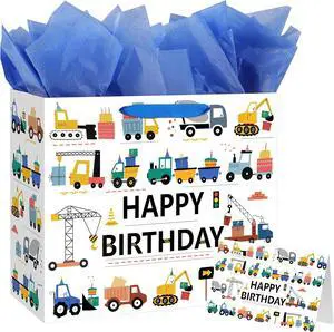 Yusenguan 13 Construction Birthday Gift Bag for Baby Boys Kids with Tissue Paper and Greeting Card (Trucks Excavators Cranes Vehicle-Themed) Yusenguan 13 Construction Birthday Gift Bag for Baby Boys Kids with Tissue Paper and Greeting Card (Trucks Excavators Cranes Vehicle-Themed)