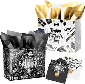 JWSCYSY 12.6" Father's Day Bag with Tissue Papers and Card, 2Pcs Large Reusable Non-Woven Gift Bags with Handles, Happy Father's Day Bag for Men, Husband, Dad, Grandfather (Black, White) JWSCYSY 12.6" Father's Day Bag with Tissue Papers and Card, 2Pcs Large Reusable Non-Woven Gift Bags with Handles, Happy Father's Day Bag for Men, Husband, Dad, Grandfather (Black, White)