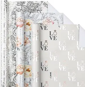 LeZakaa Wedding Floral Wrapping Paper Roll, Silver Flowers & LOVE Ring, Metallic Foil Design for Wedding, Engagement, Bridal Shower, Anniversary, Mini Roll, 17 x 120 inches, 3 Rolls LeZakaa Wedding Floral Wrapping Paper Roll, Silver Flowers & LOVE Ring, Metallic Foil Design for Wedding, Engagement, Bridal Shower, Anniversary, Mini Roll, 17 x 120 inches, 3 Rolls