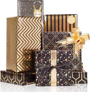 Larcenciel Gift Wrapping Paper Set, 6 Sheets Metallic Black Gold Foil Wrapping Paper w/Gift Bow & Sticker, Shiny Luxury Men Boys Gift Wraps for Birthday, Holiday, Graduation, Baby Shower, 27.5x19.6in Larcenciel Gift Wrapping Paper Set, 6 Sheets Metallic Black Gold Foil Wrapping Paper w/Gift Bow & Sticker, Shiny Luxury Men Boys Gift Wraps for Birthday, Holiday, Graduation, Baby Shower, 27.5x19.6in