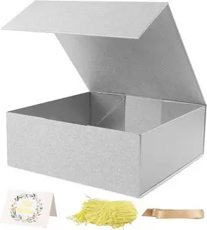 LumyHavver Gift Box 9.65x9.65x3.6 Inches with Magnetic Lid, Silvery Collapsible Box with Ribbon, Raffia Grass, Card for Birthdays, Christmas, or Parties, Gift Packaging LumyHavver Gift Box 9.65x9.65x3.6 Inches with Magnetic Lid, Silvery Collapsible Box with Ribbon, Raffia Grass, Card for Birthdays, Christmas, or Parties, Gift Packaging