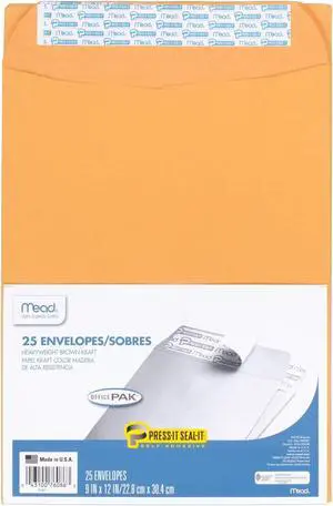 Mead Envelopes, Letter Size 9" x 12", Press-It Seal-It Self Adhesive Closure, Brown Kraft All-Purpose 24-lb Paper, Manila Mailing Envelopes, 25 Count (76086) Mead Envelopes, Letter Size 9" x 12", Press-It Seal-It Self Adhesive Closure, Brown Kraft All-Purpose 24-lb Paper, Manila Mailing Envelopes, 25 Count (76086)