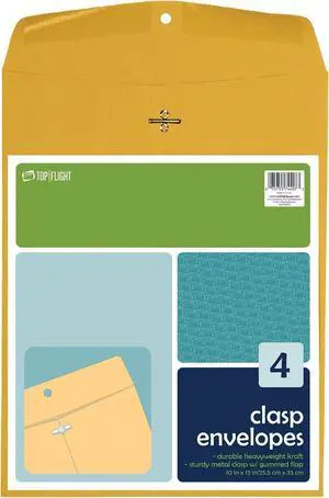 Top Flight Clasp Envelopes, Gummed and Clasped Closure, 10 x 13 Inches, Brown Kraft, 4 Envelopes per Pack (6911021) Top Flight Clasp Envelopes, Gummed and Clasped Closure, 10 x 13 Inches, Brown Kraft, 4 Envelopes per Pack (6911021)