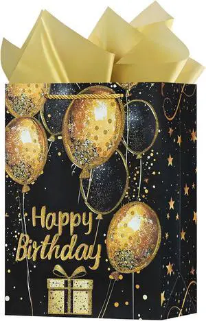 OFIHANLY 12.6" Medium Size Happy Birthday Gift Bag with Handles for Women Men Kids Baby Boy Girls Black&Gold Glitter Paper Gift Wrap Bags with Tissue Paper,1Pcs OFIHANLY 12.6" Medium Size Happy Birthday Gift Bag with Handles for Women Men Kids Baby Boy Girls Black&Gold Glitter Paper Gift Wrap Bags with Tissue Paper,1Pcs